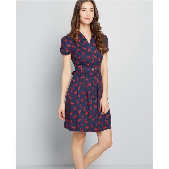 Modcloth Mini Shirt Dress Womens Large Medium Lobsters Navy Blue Red Coastal - Picture 2 of 9